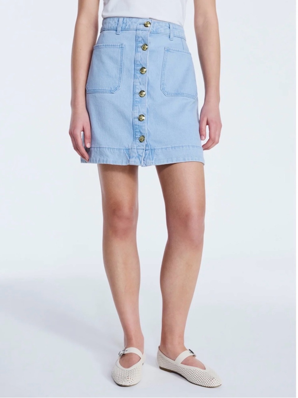 NWT Free Assembly Denim Button Front Mini Skirt Light Wash Gold Womens Size 2 - Picture 3 of 11